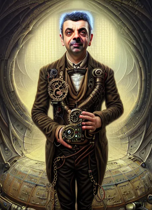 Image similar to steampunk portrait of rowan sebastian atkinson, fractal background, by tomasz alen kopera and peter mohrbacher