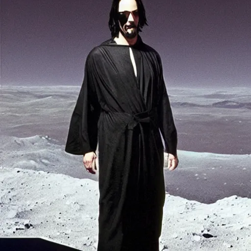 Image similar to keanu reeves standing alone on the moon, facing away from the camera with his hands behind his back, wearing a long black robe, looking at the earth in the distance. Hyper realistic, ultra high definition, dramatic, epic