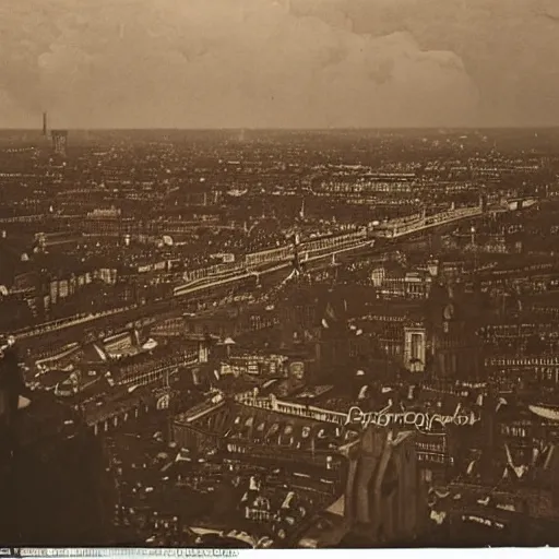 Prompt: the kind of London other Londons dream: sepia tinted, skies strung with dirigibles, the viciousness of empire acknowledged only as a rosy backdrop glow redolent of spice and petalled sugar, 1900 photo