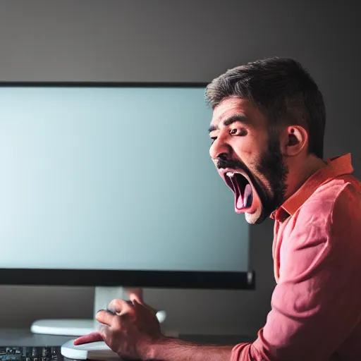 Image similar to A man yelling at his computer, XF IQ4, 150MP, 50mm, F1.4, ISO 200, 1/160s, natural light