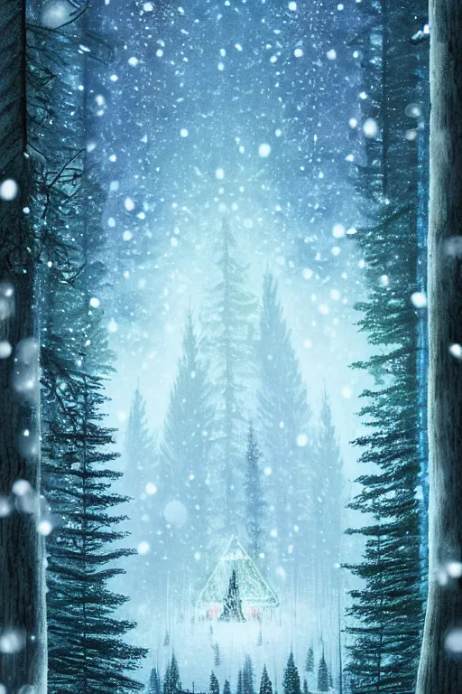 Prompt: beautiful dark evil forest at night with very tall pine trees and snow, with a large magic portal in the center. Digital Matte Illustration by Lisa Frank