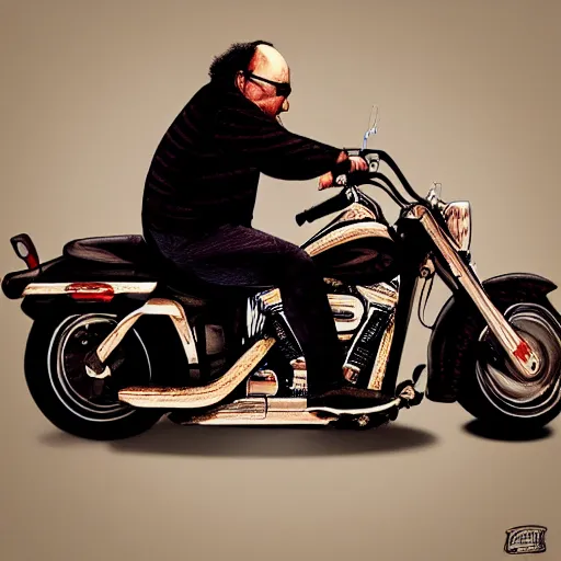 Image similar to danny devito riding a large harley davidson, hyperrealism, lens glare, trending on artstation, intricate, 8 k