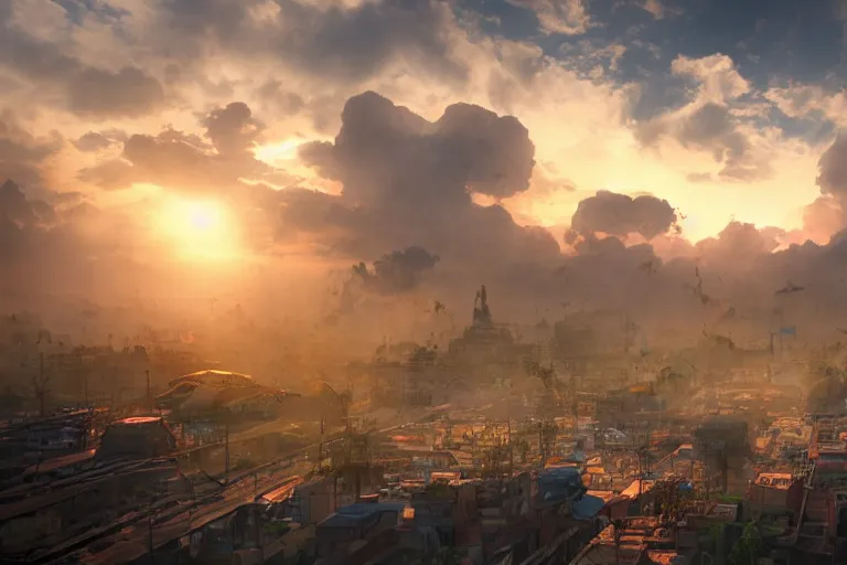 Image similar to the most amazing dream you ever had about indonesian city with 2 suns in the clody sky, hyper realistic, ambient lighting, concept art, intricate, hyper detailed, smooth, dynamic volumetric lighting, octane, cinematic