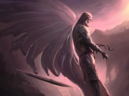 Prompt: epic cinematic concept MTG art. Eel-like angel holding a giant holy halberd, wearing shining armor at sunrise. Sighvesper eel angel. ArtStation