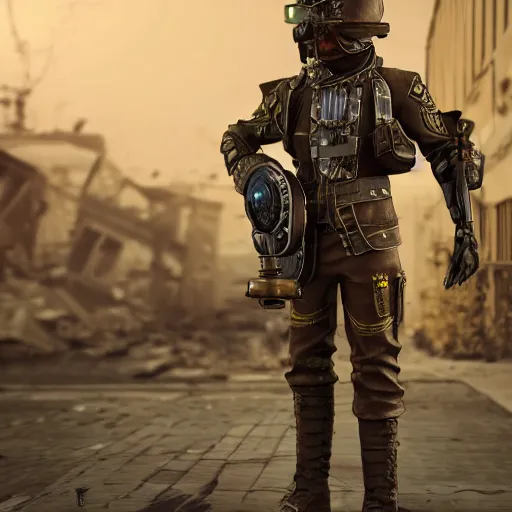 Image similar to 3d render of a detailed steampunk soldier with full-head helmet carrying an energy rifle in his arms, standing in front of a dilapidated advanced city, 4k, Unreal Engine, octane render