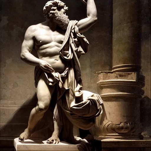 Prompt: marble statue Hephaestus at the Forge by Guillaume Coustou the Younger (at Louvre), dramatic 2 tones lighting