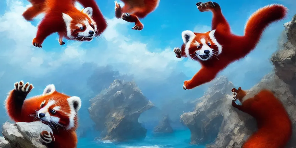 Image similar to Floating fantasy red pandas having fun over a blue ocean, Darek Zabrocki, Karlkka, Jayison Devadas, Phuoc Quan, trending on Artstation, 8K, ultra wide angle, pincushion lens effect.