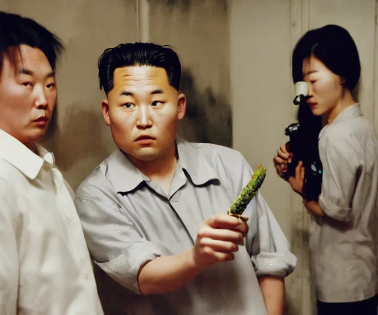 Prompt: hyperralism pineapple express movie still photography of real detailed north korean kim chen with detailed face smoking weed in basement bedroom photography by araki nobuyoshi