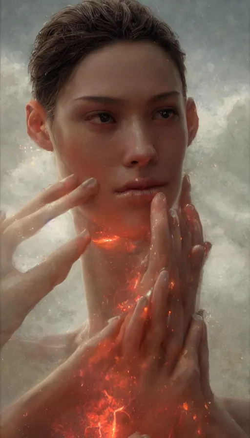 Prompt: epic masterpiece portrait spiritual, sweaty skin, hyperrealistic, octane render, cinematic, beautiful face and flawless skin, perfect hands, 5 fingers, ruby, by Edgar Maxence and Ross Tran and Michael Whelan, Legends of Runeterra