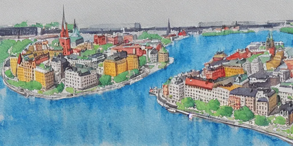 Prompt: isometric view of stockholm, watercolour realism