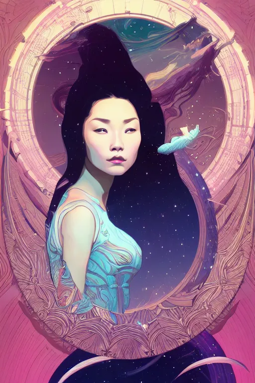 Prompt: edge of the universe, asian girl, space, stars, starship, digital art, smooth defined outlines, vector background, by brom, trending on artstation, alphonse mucha, tom bagshaw, sargent