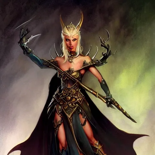 Image similar to elven queen character full body portrait by frank frazetta, fantasy, dungeons & dragons, sharp focus, beautiful, artstation contest winner, detailed