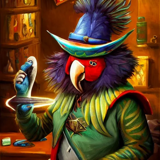 Image similar to Magic the gathering artwork of Anthropomorphized parrot trader in his shop, shelves full, selling a gem, portrait, items, magic potions, carpet, window, fancy funny hat, sly expression , cunning expression, cute expression, presenting magic gem, D&D, fantasy, cinematic lighting, highly detailed, digital painting, artstation, concept art, smooth, sharp focus, illustration, warm light, cozy warm tint, magic the gathering artwork, volumetric lighting, 8k, no gold, no gold colours, art by Akihiko Yoshida and Greg Rutkowski