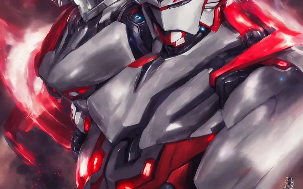 Image similar to A realistic anime portrait of a man in a Gundam suit with glowing red eyes, digital painting, by Stanley Artgerm Lau, Sakimichan, WLOP and Rossdraws, digtial painting, trending on ArtStation, SFW version