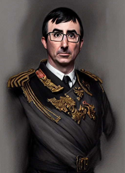 Image similar to portrait of stoic looking john oliver as in the vigo carpathian painting, military uniform, fantasy, intricate, elegant, beautiful, highly detailed, charcoal, centered, dark, smokey, digital painting, artstation, concept art, smooth, sharp focus, illustration, art by artgerm and greg rutkowski and alphonse mucha