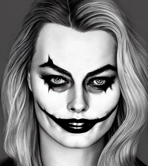 Prompt: photographic still of the beautiful margot robbie portrait with joker makeup, in the style of den yakovlev, realistic face, black and white, realism tattoo, hyper realistic, highly detailed, award winning drawing