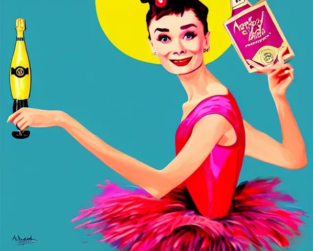 Image similar to audrey hepburn as a cancan dancer besides a big bottle of champagne in art deco style, hyper realistic, artstation, illustration, digital paint, matte paint, vivid colors, bright, cheerful, detailed and intricate environment