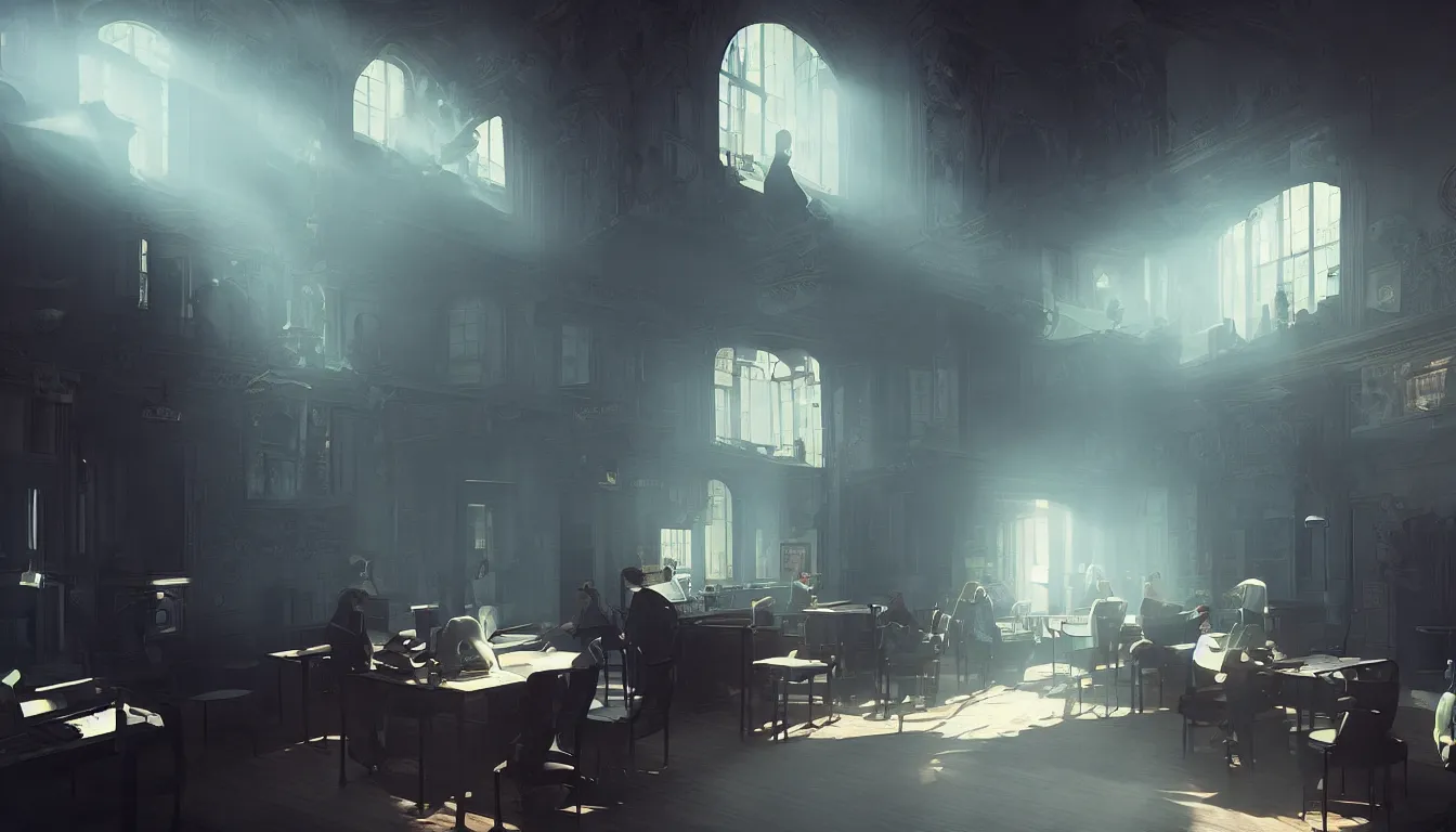 Image similar to a victorian internet cafe, volumetric light, morning light, cinematic photo, epic scene