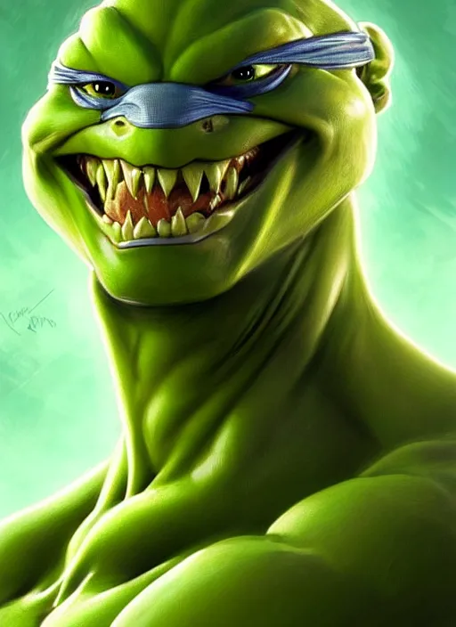 Image similar to portrait of aggressive leonardo from teenage mutant ninja turtle, d & d, muscular! turtle shell in the back!, fantasy, intricate, elegant, highly detailed, green skin!, digital painting, artstation, concept art, smooth, sharp focus, illustration, art by artgerm and greg rutkowski and alphonse mucha