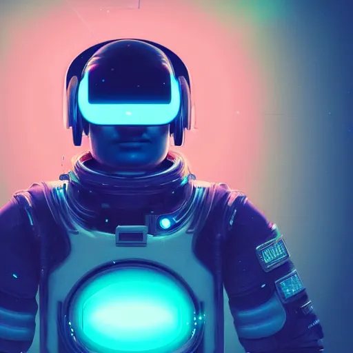 Image similar to cyberpunk astronaut bot, cinema 4 d, galaxy, ufo, space sci - fi, wearing vr goggles, illustration, portrait, pastel neon textured background night, trending on artstation, greg rutkowski, octane rendered, 1 2 k, detailed,