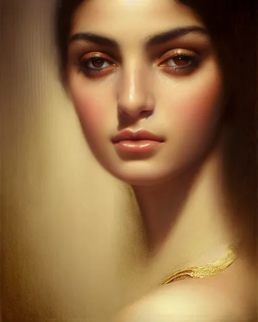 Image similar to a highly realistic, true to life portrait of a beautiful young middle eastern girl, soft focus, from the waist up, with sharp features, a beautiful face, soft smile, under studio lighting, taken with a canon eos camera with 1 3 5 mm focal length, art by karol bak, james jean, tom bagshaw, trending on artstation,