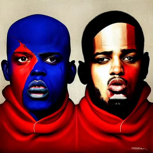 Image similar to crips vs bloods!! painting by emanuele dascanio and robin eley