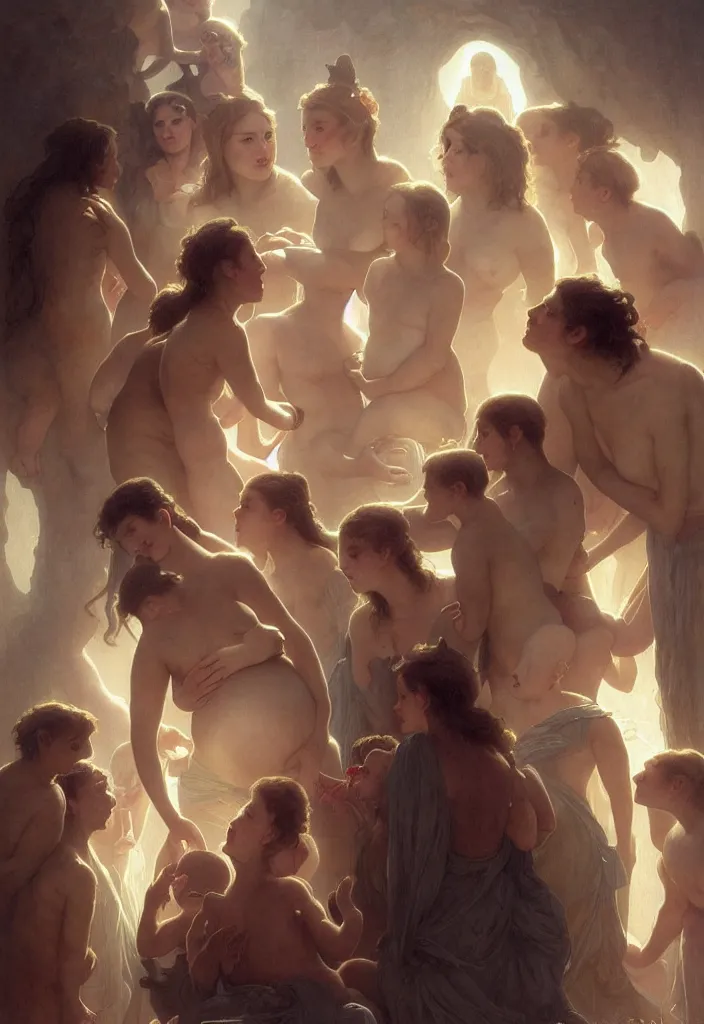 Image similar to epic pregnant woman talking to all her tribe with fluorescence bodies, proud people gather around the pregnant woman, ice cave, intricate, elegant, highly detailed, digital painting, artstation, concept art, smooth, sharp focus, illustration, art by artgerm and greg rutkowski and alphonse mucha and william - adolphe bouguereau