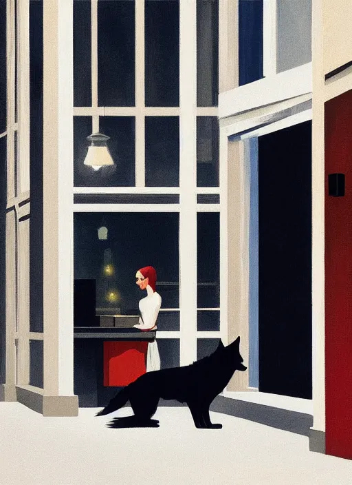 Prompt: woman with a black wolf on the night street by Edward Hopper and James Gilleard, highly detailed