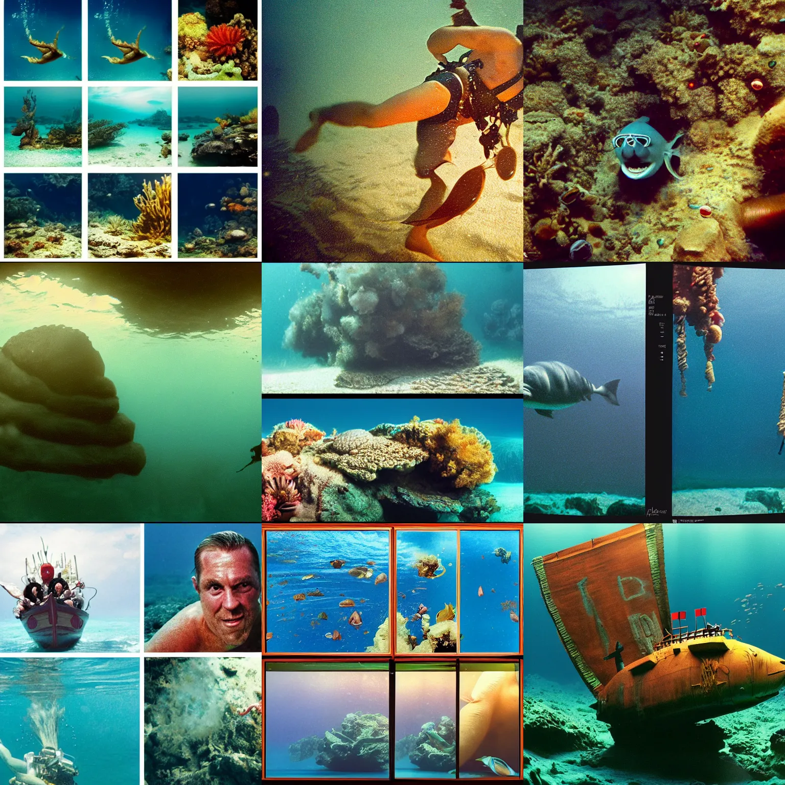 Prompt: Kodak portra 160, 4K, split wipe transition screens: famous deep sea diver in low budget kon-tiki movie remake, underwater scene