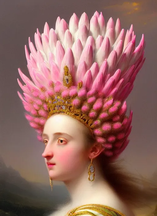 Prompt: stunning swedish godess princess, detailed pink and white protea head peace against a black backdrop by ivan aivazovsky, wlop, super sharp details, photorealism, 5 0 mm lens, oil painting, beautiful soft lighting, muted colours, artstation