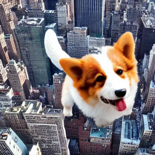 Prompt: 8k highly detailed photograph of a giant 80 foot tall adorable corgi invading New York City. cute destruction