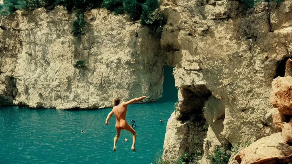 Prompt: a man cliff jumping into waters that are actually a portal to another dimension, film still from the movie directed by Wes Anderson and Jacques Tati with art direction by Salvador Dalí, wide lens