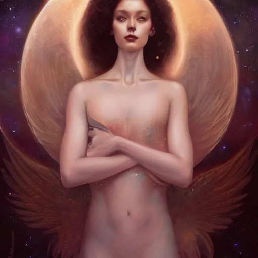 Image similar to a beautiful portrait of a celestial goddess by Jim Burns and Tom Bagshaw, Trending on Artstation