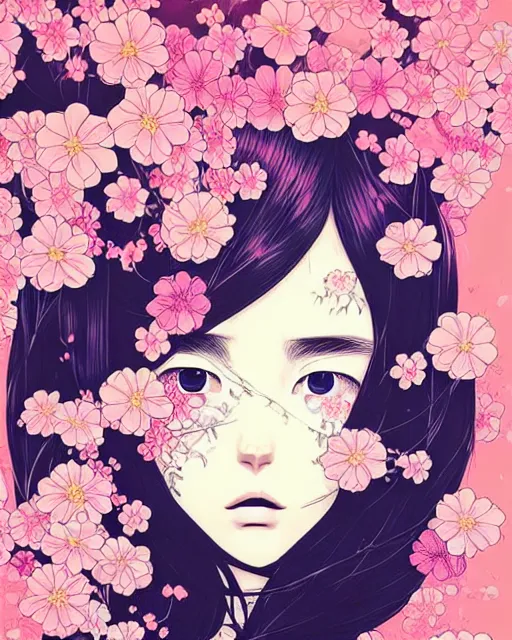 Image similar to beautiful girl next to floral bomb, detailed manga illustration!! intricate details, perfect face, perfect body, aesthetically pleasing pastel colors, poster background, aesthetic details, art by conrad roset and ilya kuvshinov