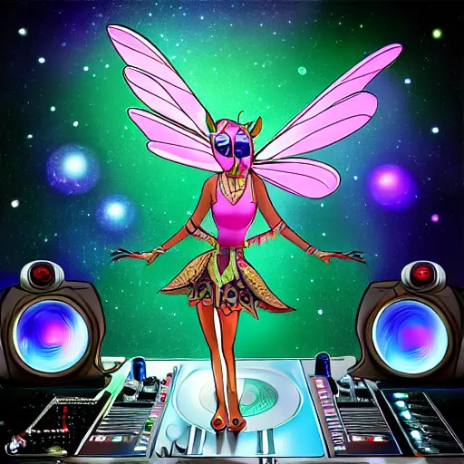 Image similar to a magical Dragon fly as a Dj by aquaxio, trending on art station