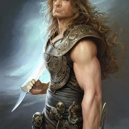 Image similar to portrait, handsome long - haired male fantasy paladin, blond, rpg game, stern expression, main character, highly detailed, digital painting, artstation, concept art, smooth, sharp focus, illustration, artgerm, tomasz alen kopera, peter mohrbacher, donato giancola, joseph christian leyendecker, wlop, frank frazetta