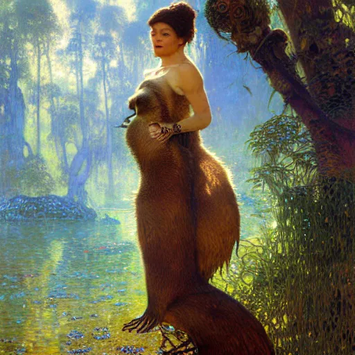 Image similar to portrait of an otter otterwoman wearing a dress. furaffinity forest fantasy highly detailed painting by gaston bussiere craig mullins jc leyendecker gustav klimt artgerm greg rutkowski john berkey, bergey, craig mullins, ruan jia, raymond swanland, jeremy mann, tom lovell, alex malveda