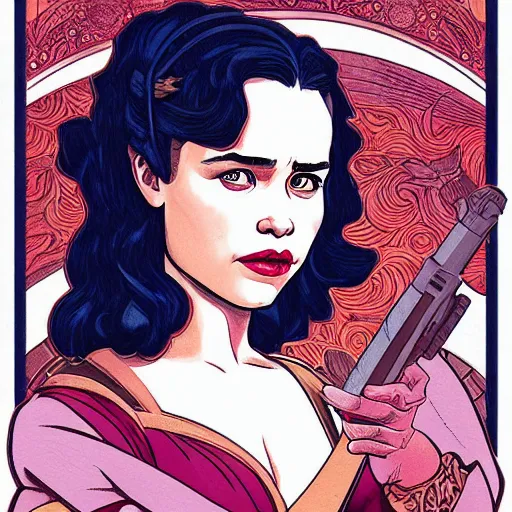 Image similar to emilia clarke as qi'ra, mucha style,