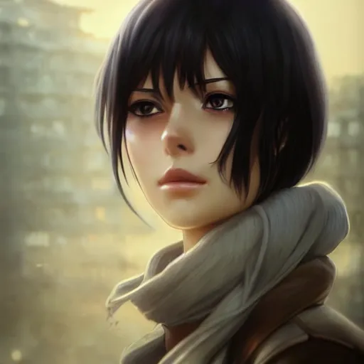 Image similar to mikasa ackerman, bokeh, beautiful face!!!!, 2 7 years old, cg animation, lifelike, animated, realistic, character select portrait, by artgerm, greg rutkowski, alphonse mucha, 3 d