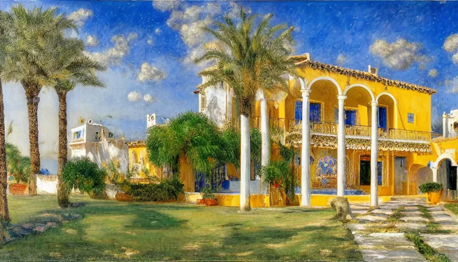 Image similar to a 1 9 9 8 southern spain palace!!! costa blanca, designed by jules bastien - lepage, bispo do rosario, arnold bocklin, tarsila do amaral and gustave baumann, cheval michael, warm, mediterranean, star, sharp focus, colorful refracted sparkles and lines, soft light, 8 k 4 k