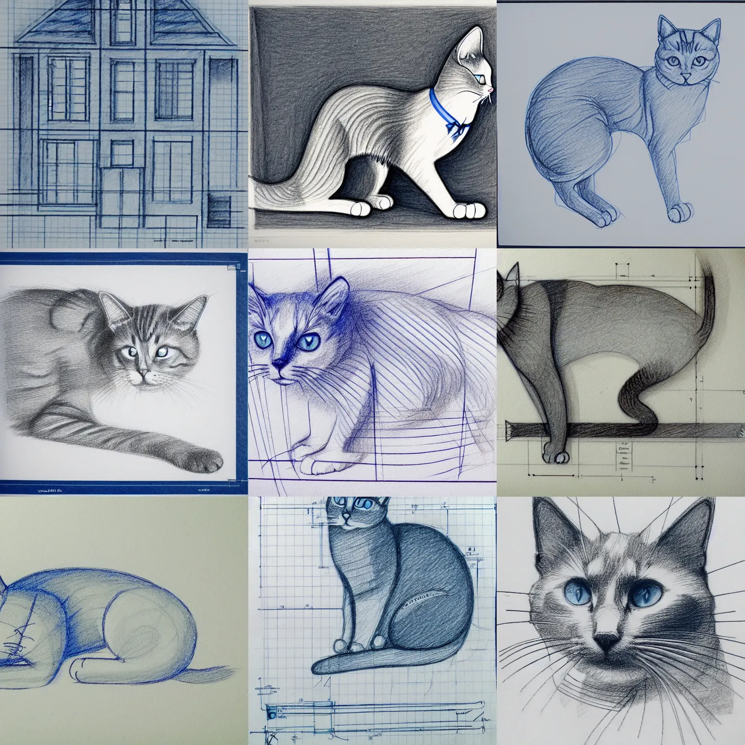 Prompt: the cat's lethargy belied an element of grace, architectural blueprint, pencil sketch drafting design, white lines on blue, detailed