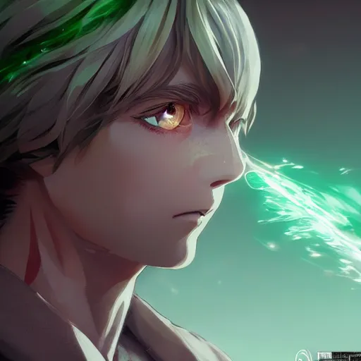 Image similar to insanely detailed. by wlop, ilya kuvshinov, krenz cushart, greg rutkowski, pixiv. zbrush sculpt, octane, maya, houdini, vfx. close - up gorgeous attractive cg anime male character with long hair, parted in the middle, with brilliant green glowing eyes. cinematic dramatic atmosphere, sharp focus, volumetric lighting.