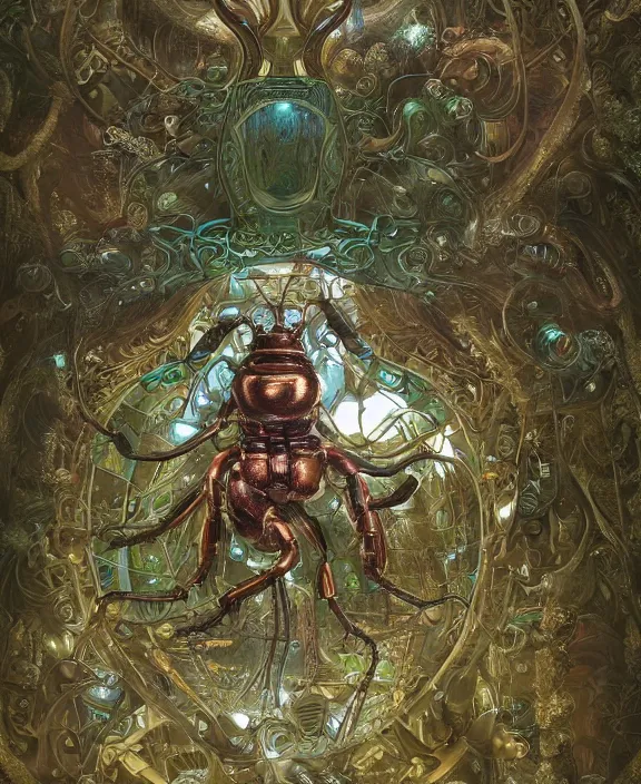 Image similar to intricate ornate opulent transparent clear see - through portrait of a playful beautiful alien beetle, fractal, adorable, childlike, overgrown biopunk jungle environment, ultra realistic, concept art, art nouveau, photorealistic, octane render, 8 k, unreal engine. art by christopher marley and artgerm and greg rutkowski and alphonse mucha