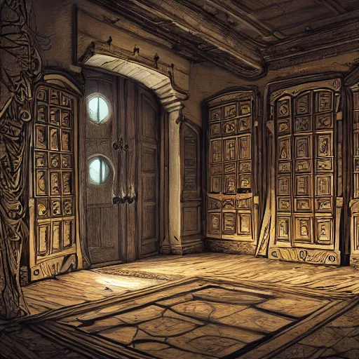 Prompt: a room with one hundred doors with latches, concept art, trending on artstation, highly detailed, intricate, sharp focus, digital art, 8 k