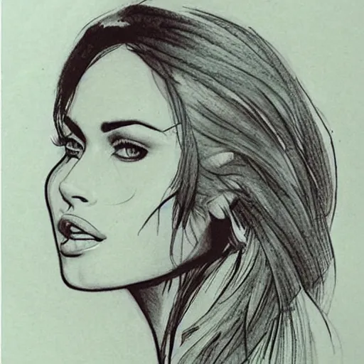 Image similar to tattoo sketch of megan fox's face shape in amazing mountain scenery, in the style of dan mountford