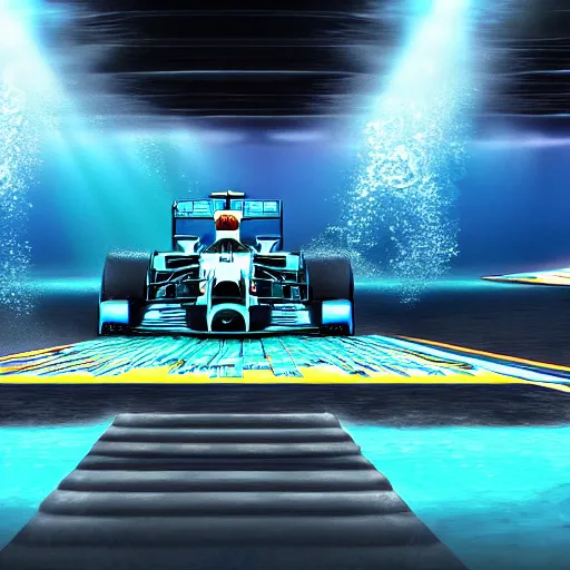 Image similar to Formula 1 underwater stage, digital art, detailed, realistic, trending on artstation, 4k,