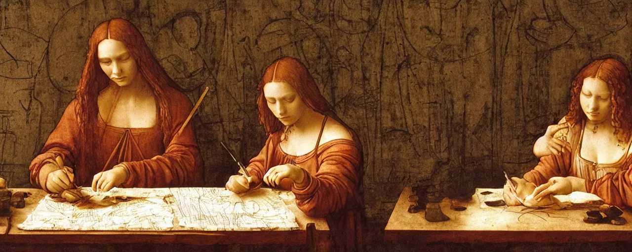 Prompt: leonardo da vinci studying spaghetti, note taking, small details, intricate, canon 8 0 mm, cinematic lighting, wes anderson film, kodachrome