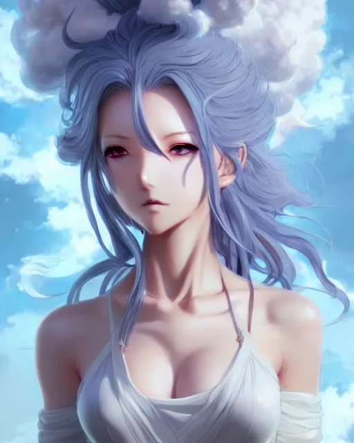 Image similar to character concept art of an anime stormy cloud goddess | | cute - fine - face, pretty face, realistic shaded perfect face, fine details by stanley artgerm lau, wlop, rossdraws, james jean, andrei riabovitchev, marc simonetti, and sakimichan, tranding on artstation