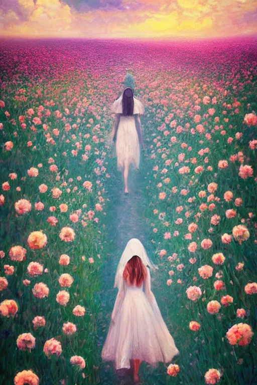 Image similar to giant white flower crown as head, veil girl walking in a flower field, surreal photography, sunrise, dramatic light, impressionist painting, colorful clouds, digital painting, artstation, simon stalenhag