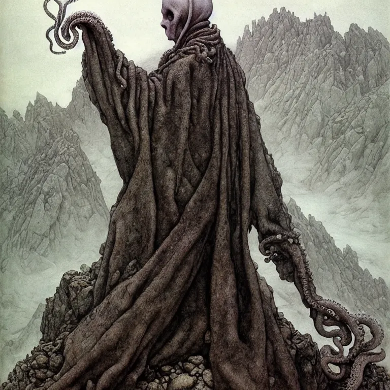 Prompt: A detailed gray-eyed tentacleheaded human stands among the mountains with a pebble in hands. Wearing a ripped mantle, robe and boots. Extremely high details, realistic, fantasy art, solo, masterpiece, art by Zdzisław Beksiński, Arthur Rackham, Dariusz Zawadzki